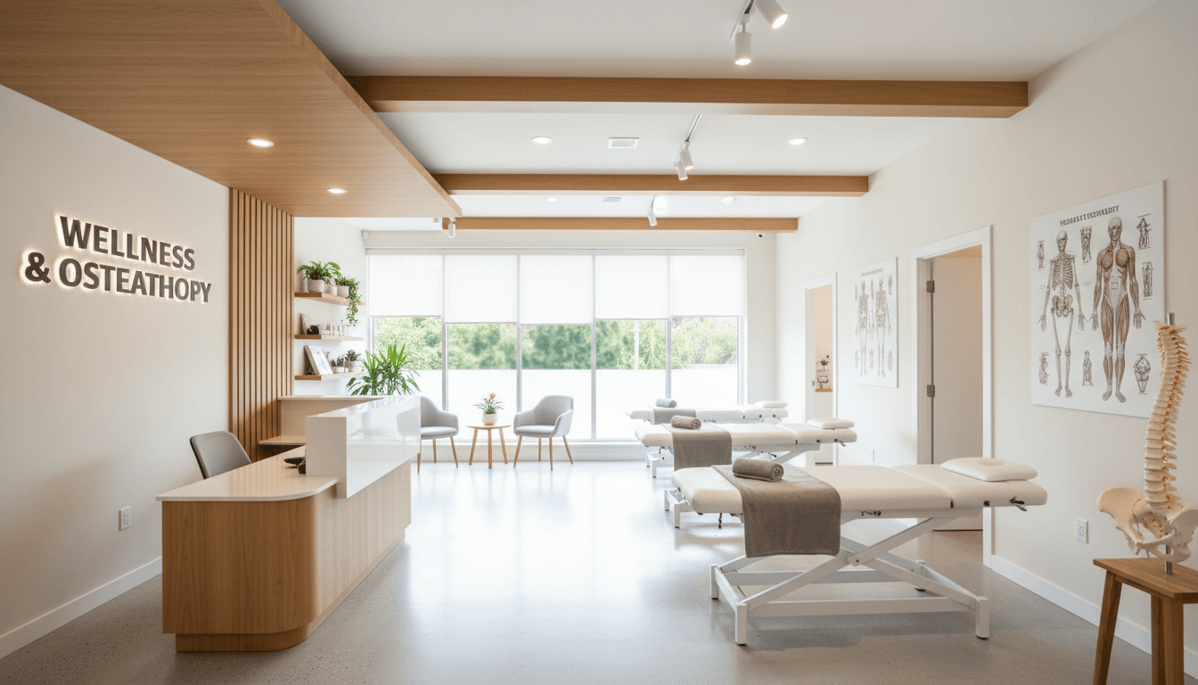 Modern osteopathy clinic interior with treatment tables, natural light, and professional setup