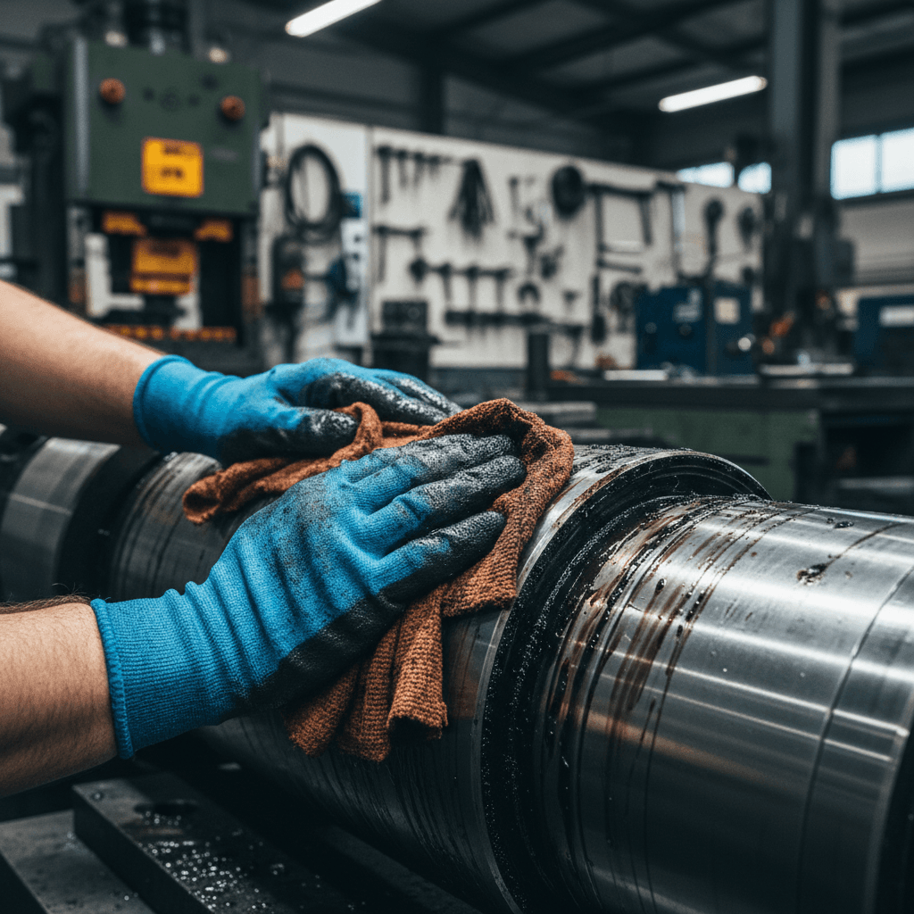 Close-up of worker's hands using industrial wipes to remove grease from metal machinery component