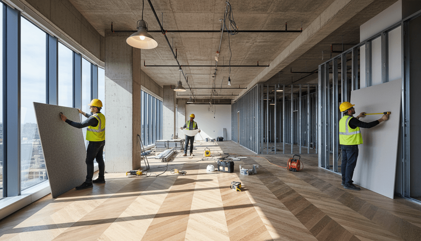 Construction team executing mid-stage commercial office renovation with exposed framing, new flooring, lighting systems, and diverse workers across spacious interior