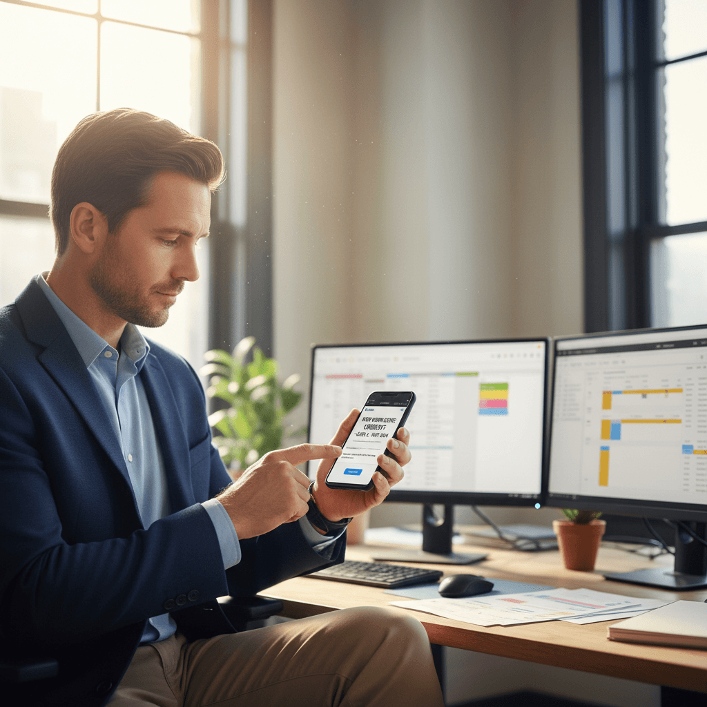 Maintenance coordinator reviewing work order notification on smartphone in property management office