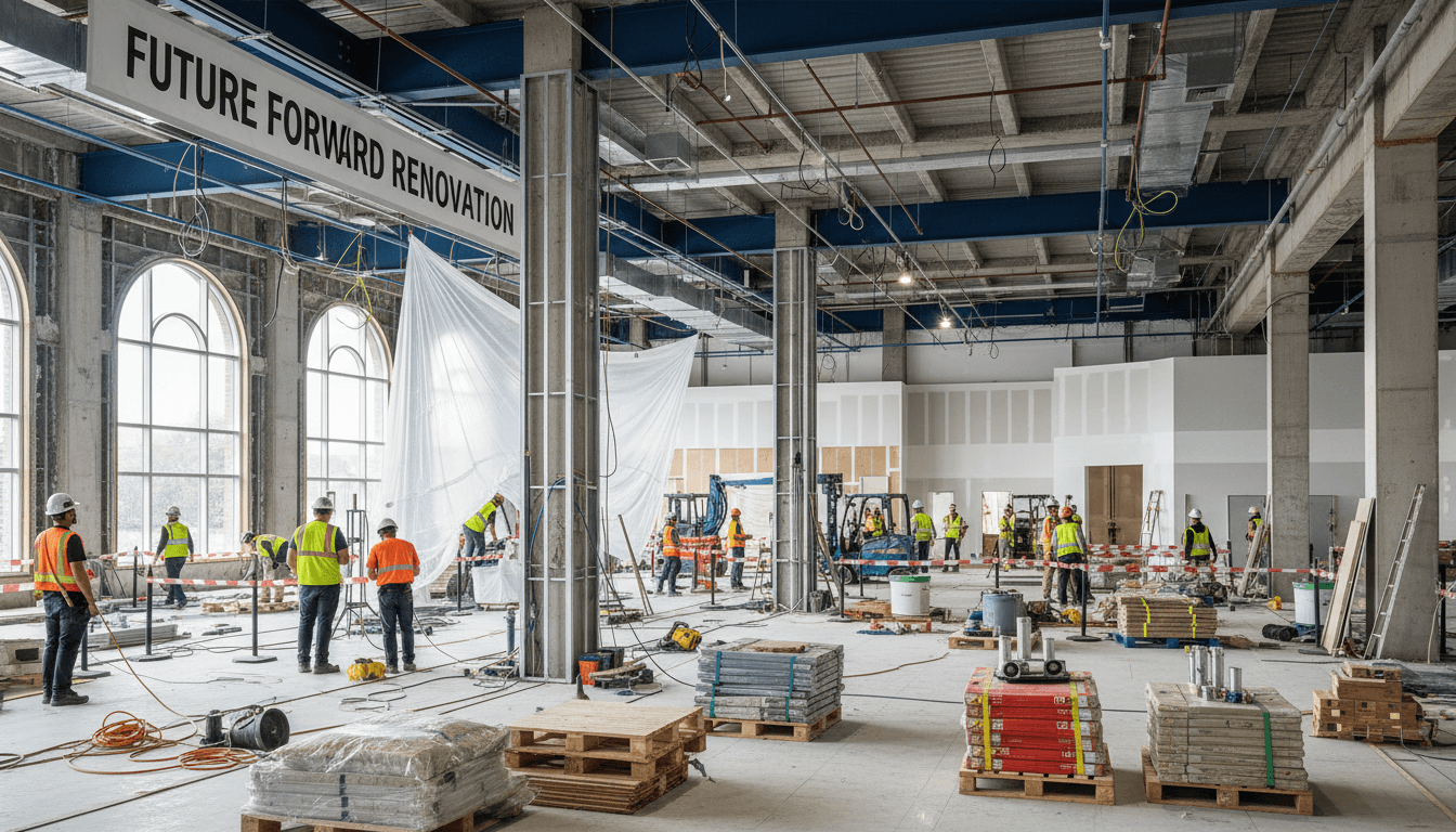 Large interior renovation space showing exposed structure, multiple workers, temporary walls, and new architectural features being installed