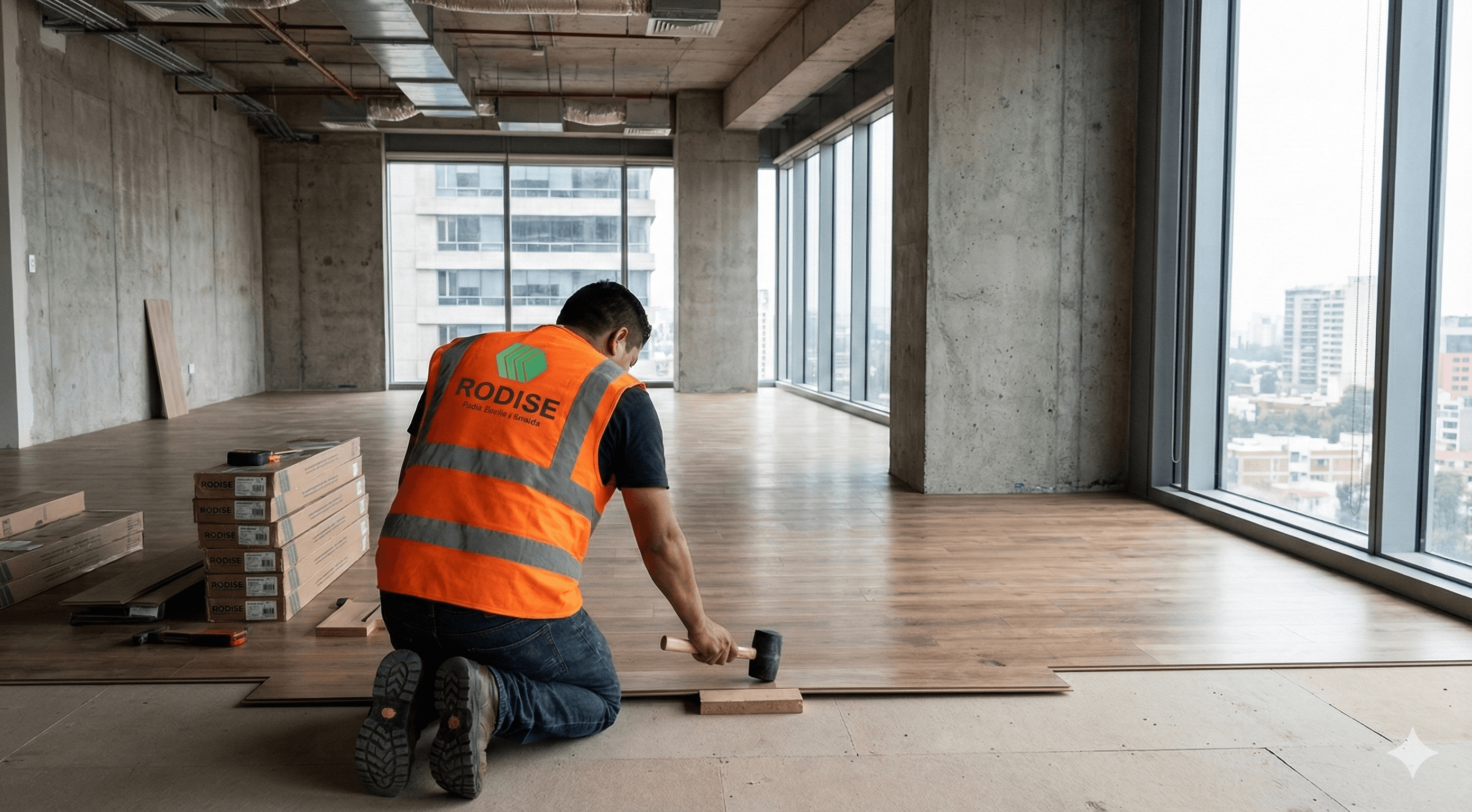 Construction worker in an orange safety vest installs wood flooring in a modern office space.
