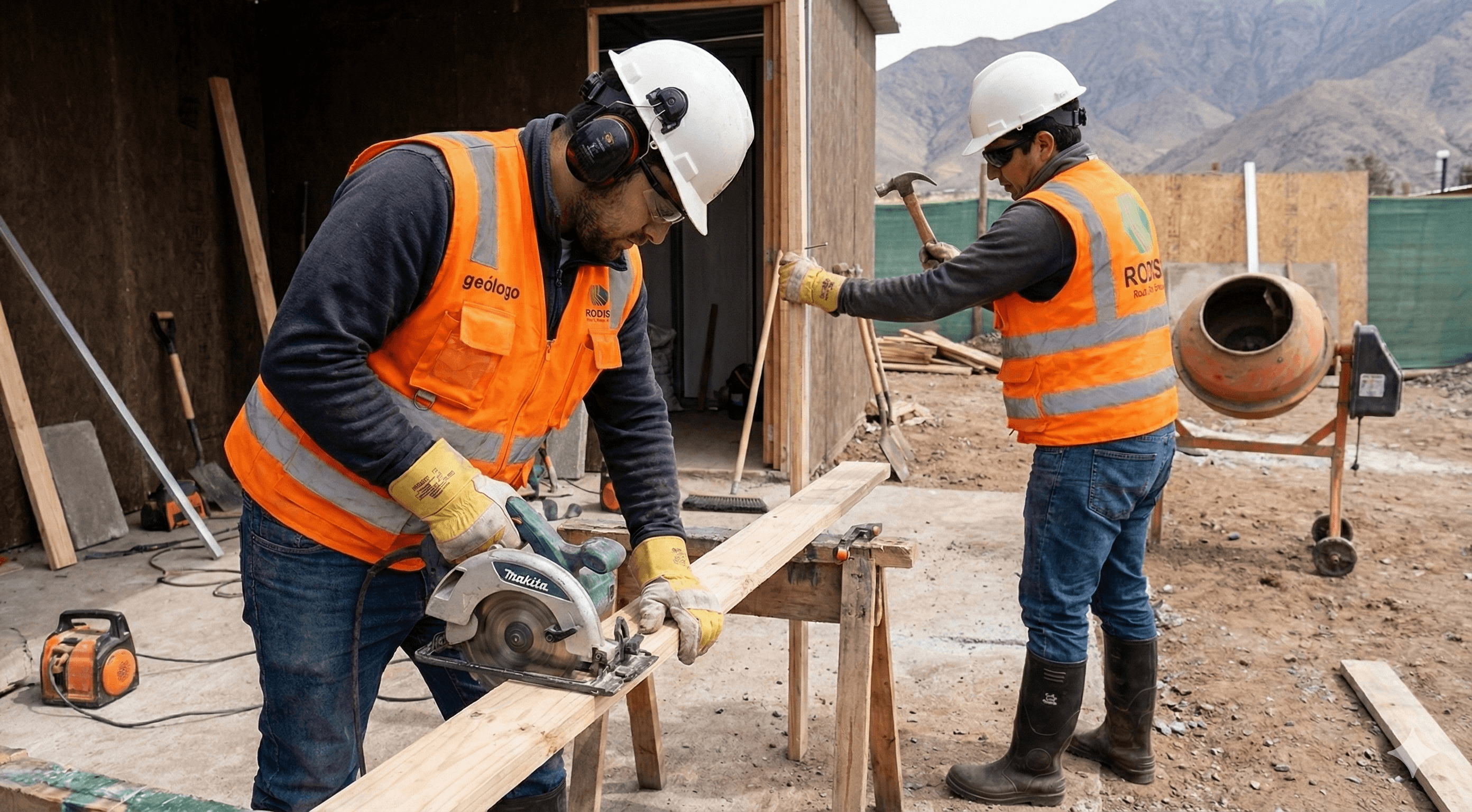 Workers in safety gear use a circular saw and hammer at a mountain construction site.
