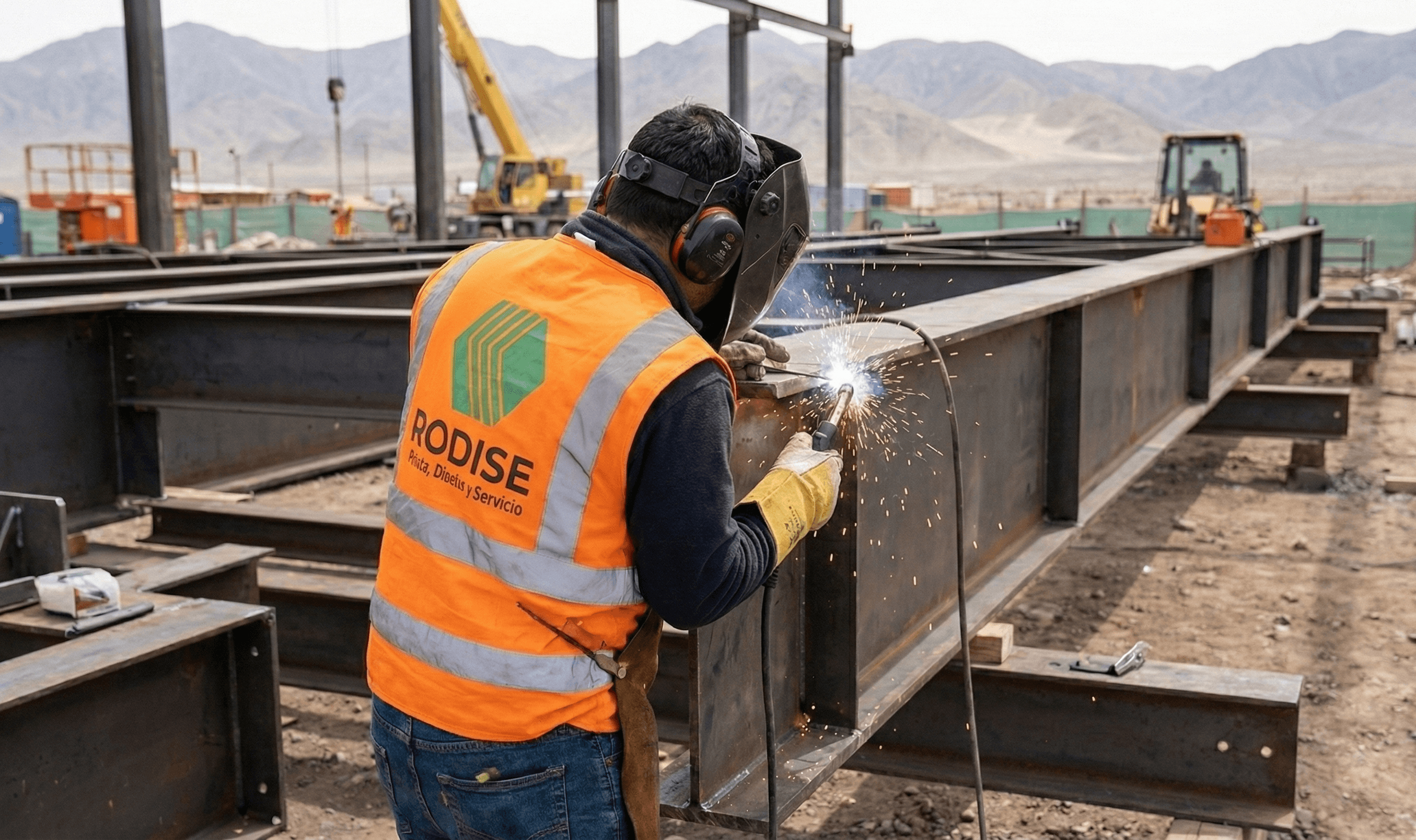 Construction worker in safety gear welds a large steel beam with sparks flying outdoors.