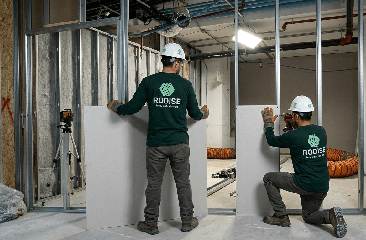 Two construction workers in green shirts install drywall panels onto metal wall studs indoors.