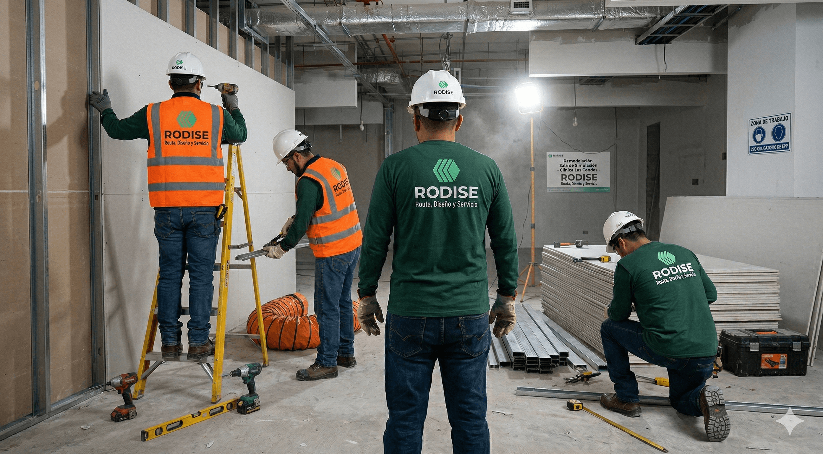 Four RODISE construction workers installing drywall and metal framing at an indoor renovation site.